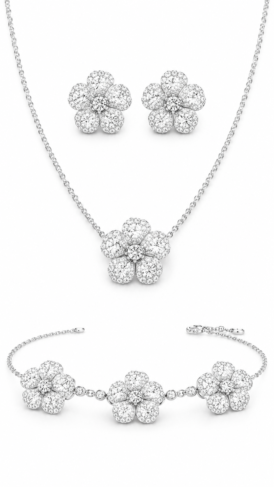 Fleur moissanite flower necklace, earrings and bracelet set in 925 sterling silver