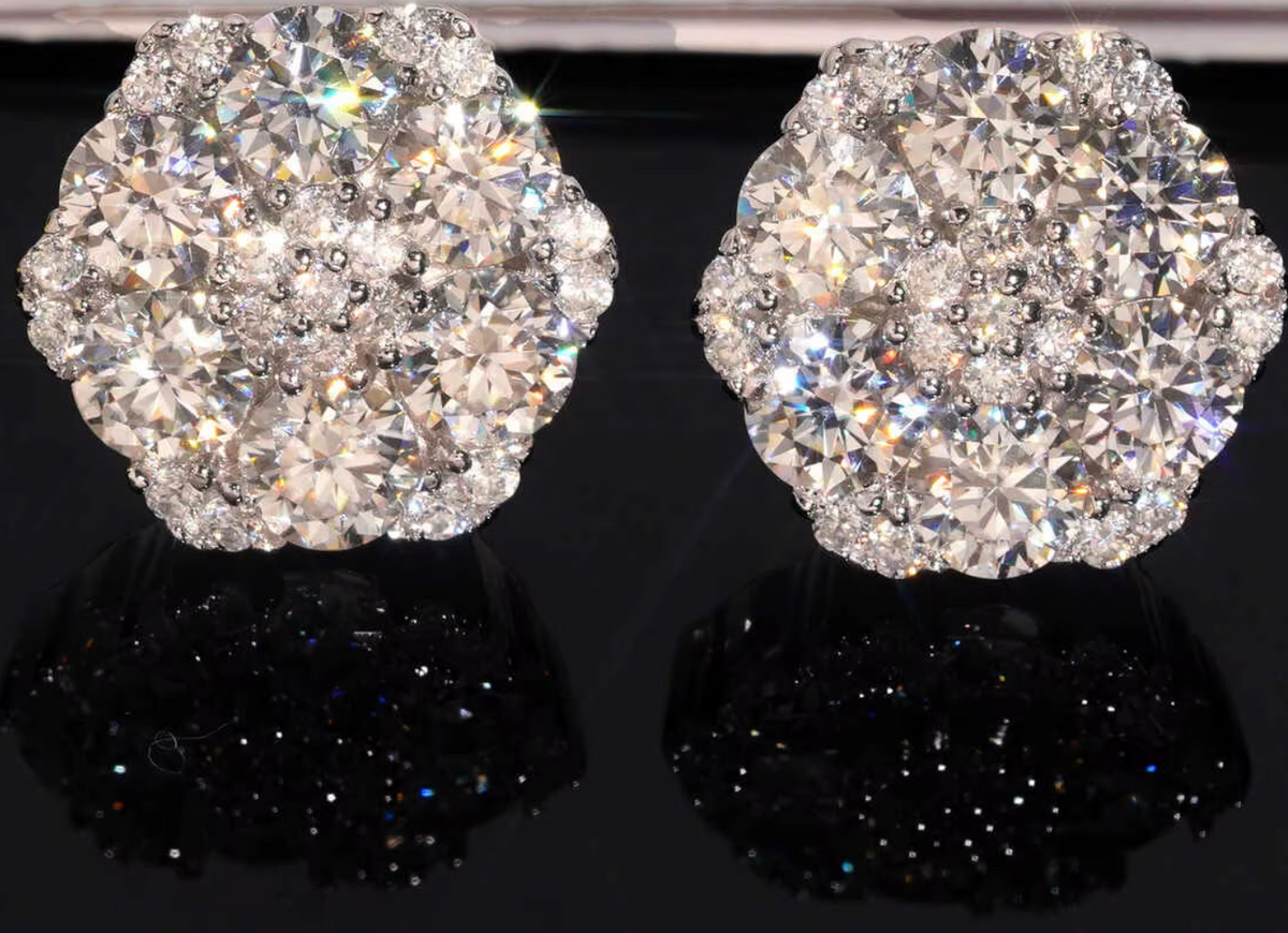 Honeycomb Silver Moissanite Stud Earrings - hexagon cluster studs in sterling silver