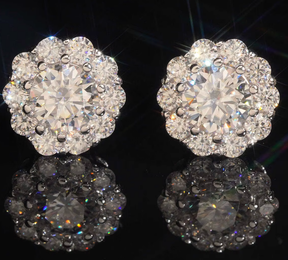 Soleil Silver Moissanite Stud Earrings - round halo studs in sterling silver