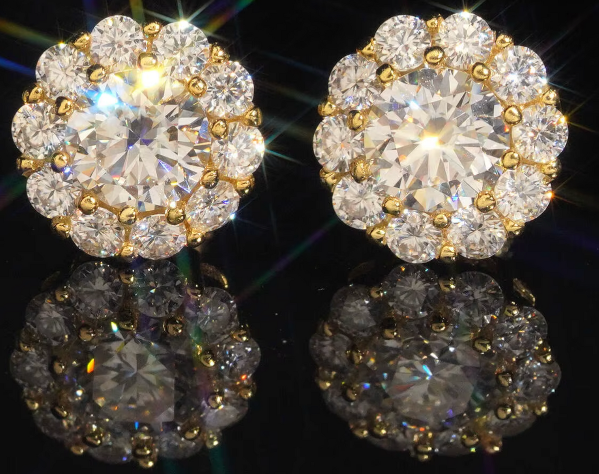 Soleil Gold Moissanite Stud Earrings - round halo studs in 18K gold vermeil