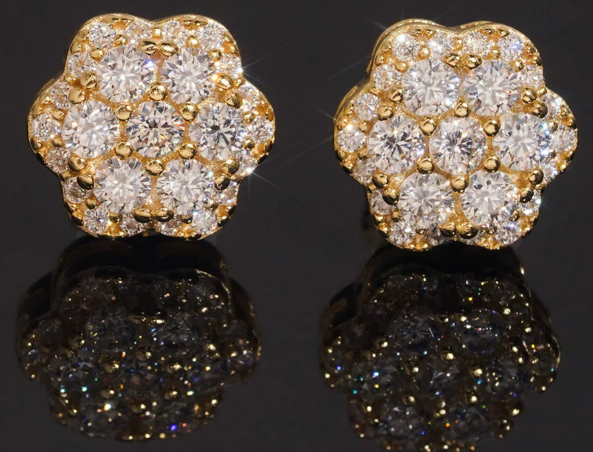 Camellia Gold Moissanite Stud Earrings - pavé flower cluster studs in 18K gold vermeil