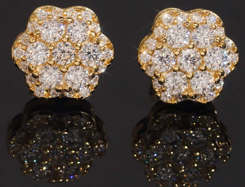 Camellia Gold Moissanite Stud Earrings - pavé flower cluster studs in 18K gold vermeil