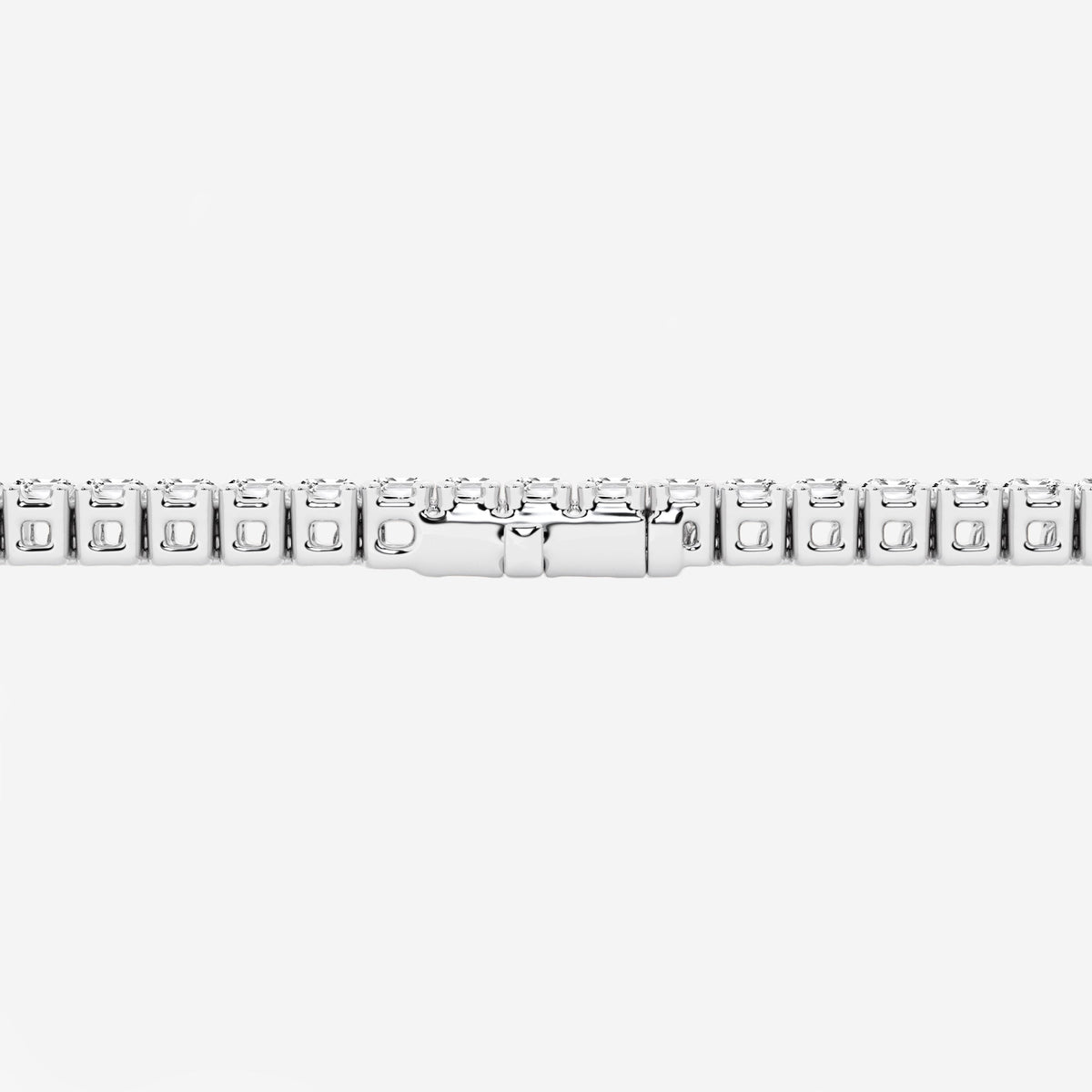 Box clasp and safety closure on 5 ctw round moissanite tennis bracelet in rhodium-plated 925 sterling silver