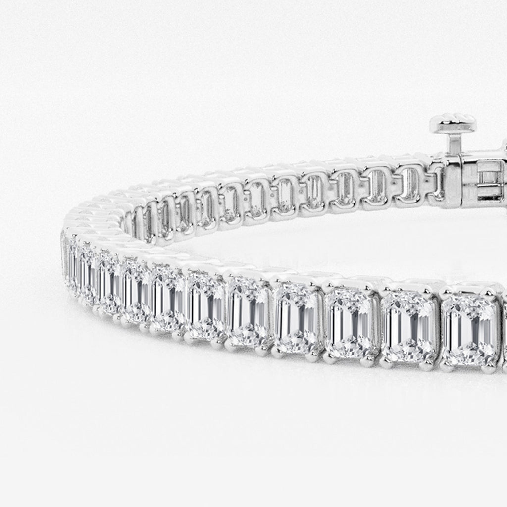 Detail of 5 ctw round moissanite tennis bracelet in rhodium-plated 925 sterling silver