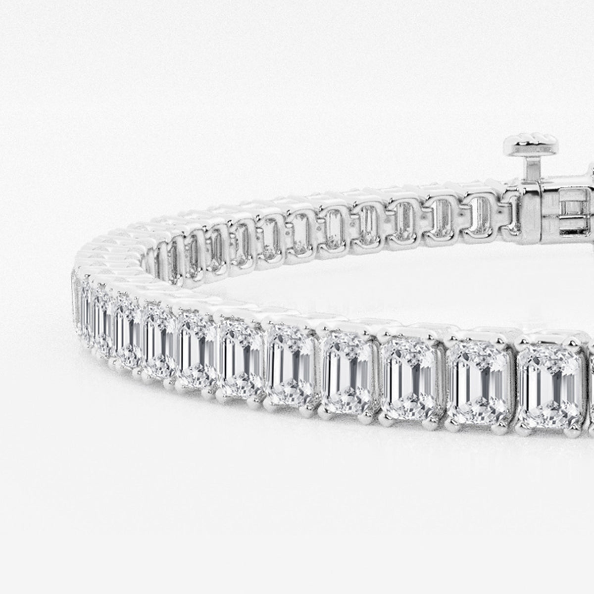 Detail of 5 ctw round moissanite tennis bracelet in rhodium-plated 925 sterling silver