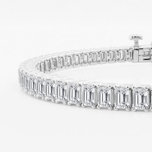 Detail of 5 ctw round moissanite tennis bracelet in rhodium-plated 925 sterling silver